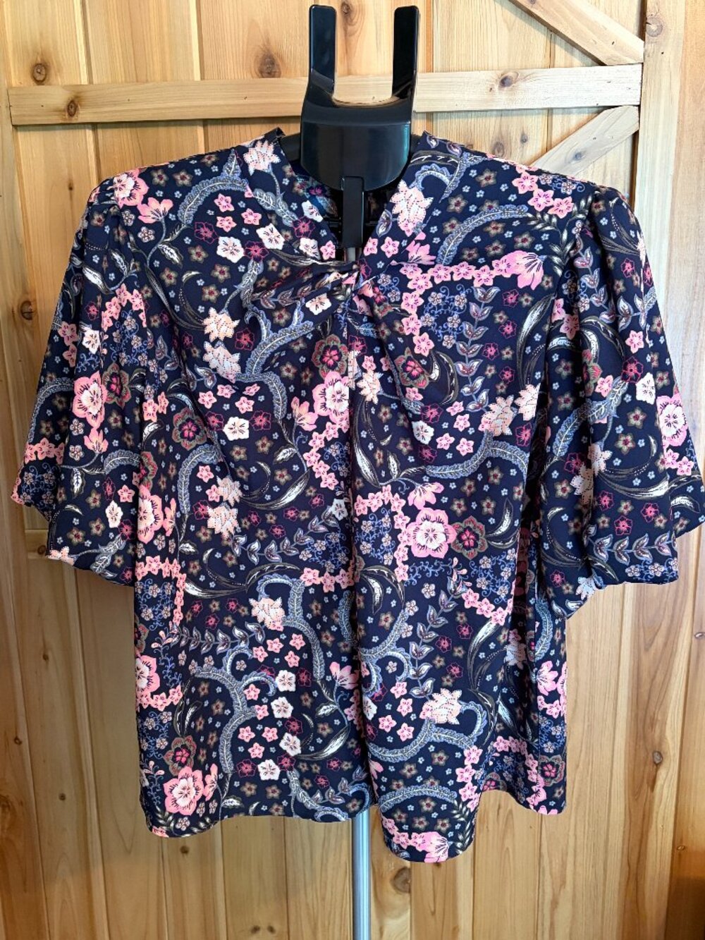 LOFT Navy Blue Boho Floral Blouse Twist Neck Balloon Sleeve Size Large